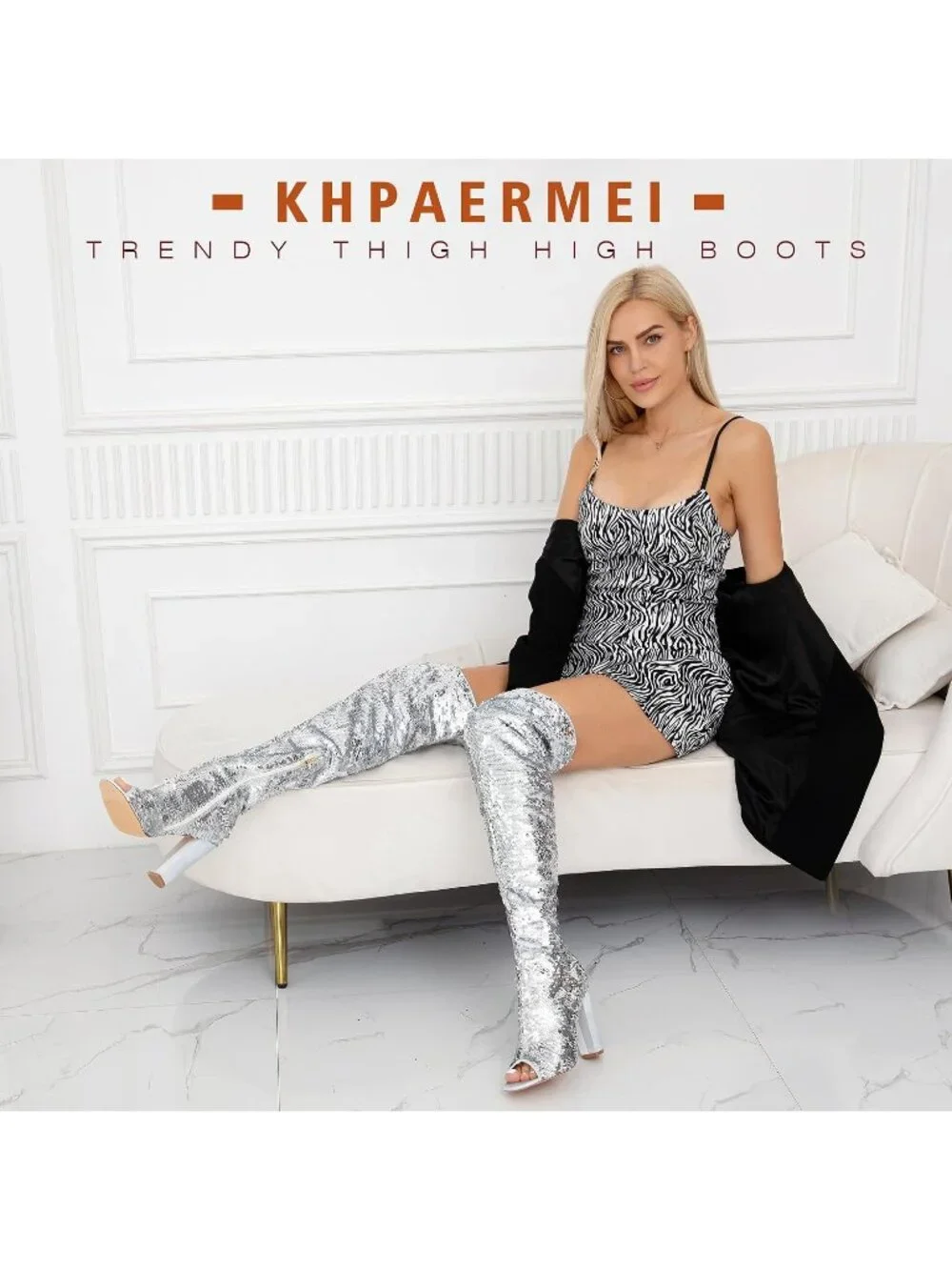 Women's Silver Chunky High Heels Open Toe Sequin Over The Knee Thigh High Boots